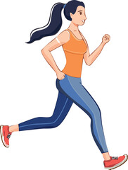 A woman with dark hair in a ponytail runs wearing an orange tank top and blue leggings.