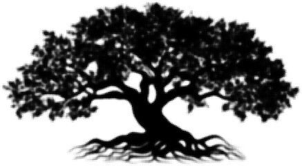 Silhouette of a large oak tree with roots in halftone black and white pattern