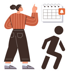 Woman gestures toward calendar with notification icon while stick figure signifies action or urgency. Ideal for planning, deadline, time management, organization, productivity, urgency, scheduling