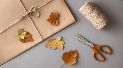 Gift box decorated with autumn leaves, scissors, and rope on a grey background. Perfect cozy fall wrapping idea