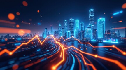 Futuristic cityscape with neon data streams and financial graphs