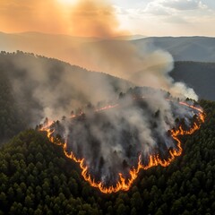 Fototapeta premium Aerial view of a wildfire burning through a hillside forest.