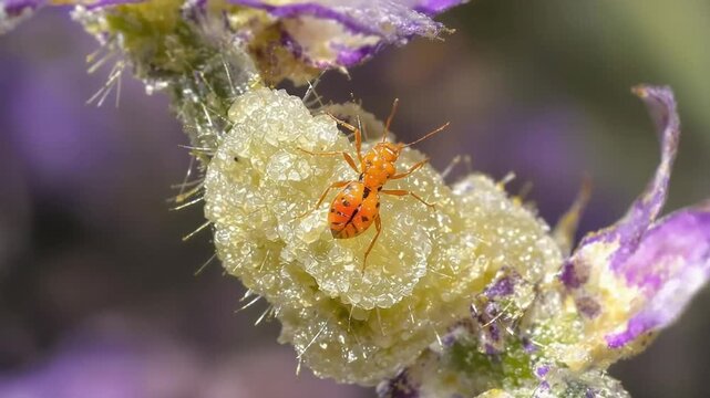 Macro Close-up of Tiny Orange Spittlebug Nymph on Frothy Foam Mass on a Plant Stem with Blurred Purple Flowers