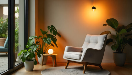 Cozy Interior with Plants and a Lamp: A stylish living space is bathed in warm, inviting light, featuring a comfortable armchair, lush greenery.