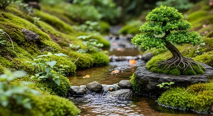 A wonderful Serene Bonsai Tree by Mossy Creek in Peaceful Forest Scene