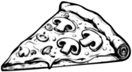 Black and white illustration of a mushroom pizza slice with detailed textures
