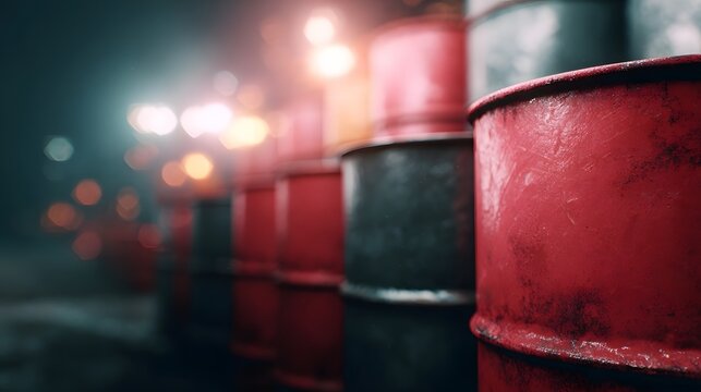 Stacked oil barrels in a storage area with dramatic lighting