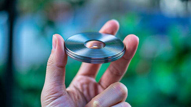 Hand holding a metallic fidget spinner disc with a smooth reflective surface outdoors
 - Powered by Adobe