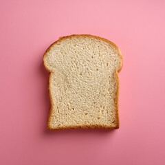 Single slice of bread on pastel pink background, minimal food photography concept, bakery isolated image.