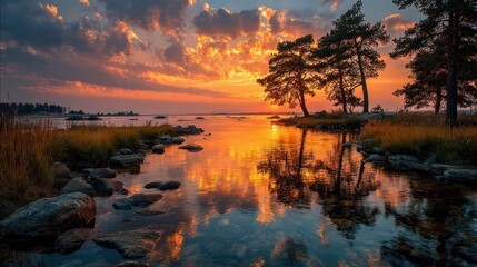 Orange Sunset Landscape with River and Clouds