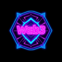 Neon Web3 logo design with geometric shapes, glowing in blue and pink against a dark background.