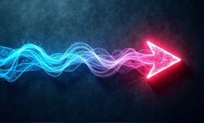 A vibrant neon arrow, glowing red, streaks across a dark background, trailed by swirling blue and pink energy.  It symbolizes movement, progress, and dynamism.