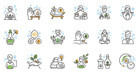 Ayurvedic medicine and spa wellness treatment line icon set. Holistic therapy, aromatherapy, and relaxation vector symbols.