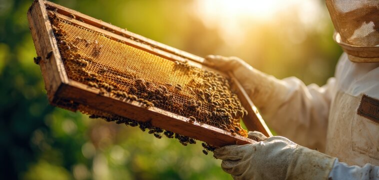 The beekeeper carefully inspecting a frame of honeycomb in the sunlight.