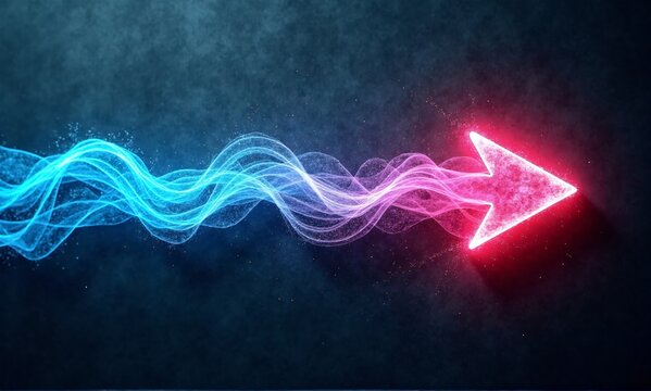 A vibrant neon arrow, glowing red, streaks across a dark background, trailed by swirling blue and pink energy. It symbolizes movement, progress, and dynamism. - Powered by Adobe