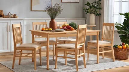 Fototapeta premium Light colored wooden dining table and chairs in a room.