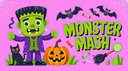 Halloween monster mash banner with pumpkin bats cat and candy