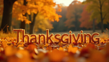 Autumnal Thanksgiving greeting amidst fallen leaves and golden trees.