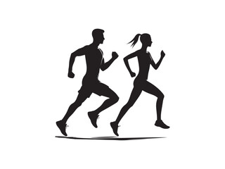silhouette of a young man and woman runnign