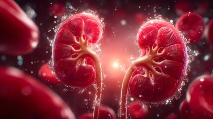Detailed Visualization of Healthy Human Kidneys Surrounded by Red Blood Cells with Dynamic Water Effects in Vibrant Background