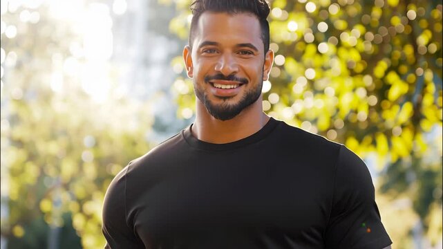 Muscular t wearing a black sportswear shirt standing in sunlight with blurred trees background, ideal for fitness and athlete advertising video 4k