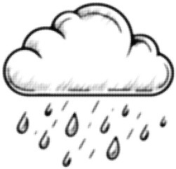 Obraz premium Halftone cloud raining with droplets in black and white illustration