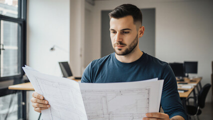 Male architect reviewing blueprints in studio 