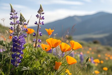 Closeup of vibrant orange california poppies and purple lupine wildflowers blooming on a grassy hillside with blurred mountains in the background under a blue sky