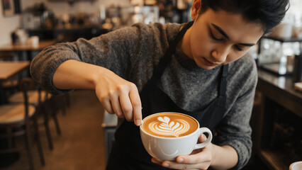 Barista preparing latte art in cozy caf� 