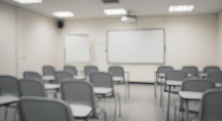 Empty Modern Classroom With Grey Chairs And Whiteboard, Blurred Background