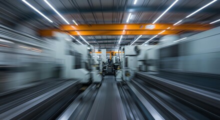 Fast Paced Industrial Factory Interior With Motion Blur, Gray Machinery And Bright Lighting, Blurred Background