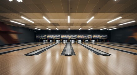 Empty Bowling Alley With Bright Lighting And Wooden Lanes, Blurred Background