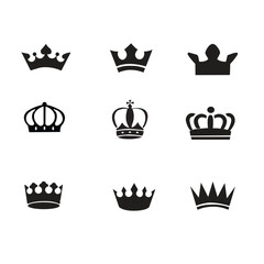 A set of black vector king crowns icon silhouettes isolated on white background.  