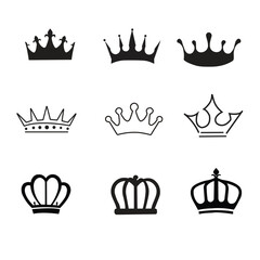 A set of black vector king crowns icon silhouettes isolated on white background.  