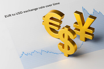 Golden Currency Icons with EUR to USD Exchange Rate Graph: Finance Data Visualization for Global Market Analysis