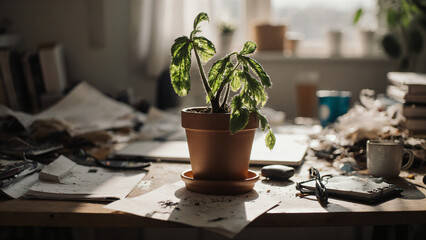 Burnout concept with wilted plant on cluttered desk 