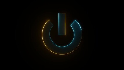 Glowing neon power button icon animation, shutdown screen turn on off button switch stop start closed button sign symbol on black background.