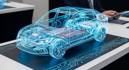 Naklejka premium Holographic projection of a futuristic electric car with internal components shown as neon blue lines on a circuit board surface
