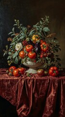 Still life painting of tomatoes, peppers, eggplants, and flowers in a vase on a red cloth