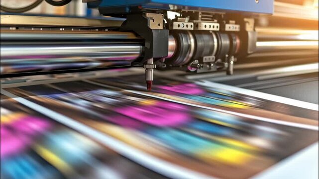 Industrial printing machine printing shop photos colorful vinyl sheets in typography or print on video 4k