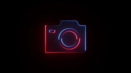 Glowing Neon camera icon on black background animation. - Powered by Adobe