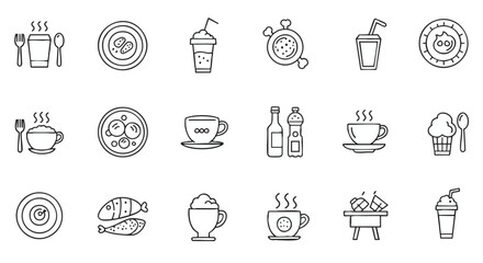 Collection of food and drink line art icons for cafe and restaurant menus. Vector graphic elements set.