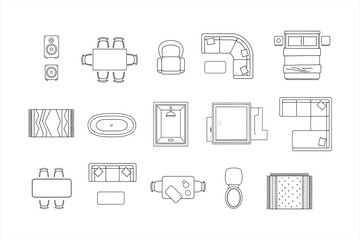 Fototapeta premium Top view line drawing collection of furniture and home decor items interior design