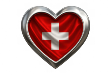 Metallic heart-shaped waving swiss flag on transparent background, perfect for patriotic projects related to switzerland