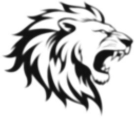 Obraz premium Graphic black and white roaring lion profile in halftone dots