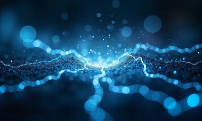 A vibrant burst of blue energy radiates outwards, illuminating a network of glowing particles and trails.