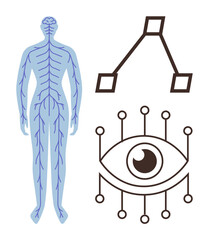 Human silhouette with nervous system network, stylized eye with technological elements, abstract neural connections. Ideal for education, healthcare, technology, anatomy, neuroscience, artificial