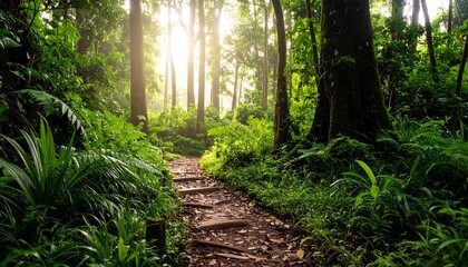 Tranquil hiking trail through lush green forest with sunlight filtering through trees