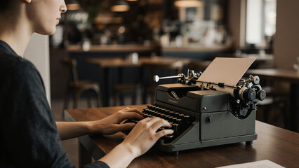 Writer typing on vintage typewriter at caf� 