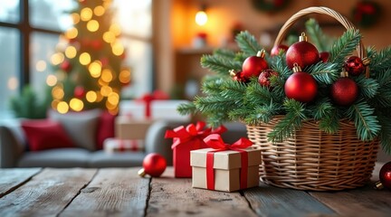 Cozy christmas scene with gifts and decorated tree